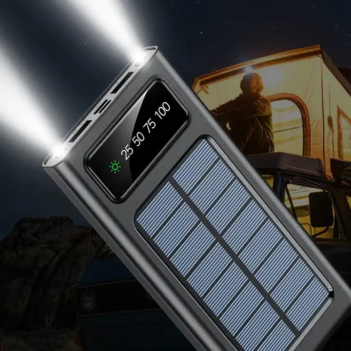 Solar Power Bank 20000CmAh, Fast Charging Built in Cable / باور بانك يعمل بالطاقة الشمسية بسعة 20000 سم أمبير، كابل مدمج للشحن السريع